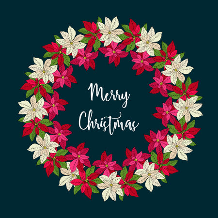Christmas wreath with poinsettia flowersのイラスト素材