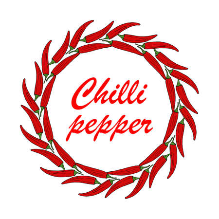 Wreath with hand-drawn red cayenne peppersのイラスト素材