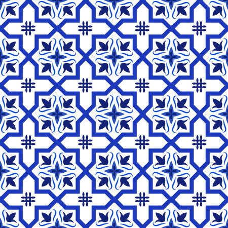 Azulejos portuguese traditional ornamental tile, blue and white seamless patternのイラスト素材