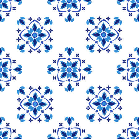 Azulejos portuguese traditional ornamental tile, blue and white seamless patternのイラスト素材