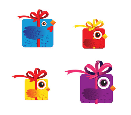 Four colorful birds like gift box. Rooster symbol 2017 New Year. Vector illustration.のイラスト素材
