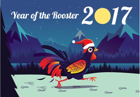 Illustration New Year China symbol rooster at midnight. Moon, mountains, landscape vector illustration.のイラスト素材