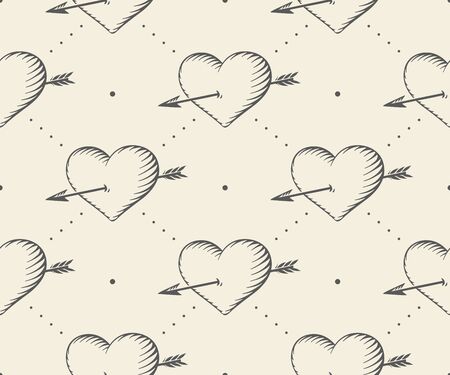 Old ribbon with message I love you, heart and arrow in vintage style engraving on a beige background. Greeting card for Valentine\'s Day.のイラスト素材