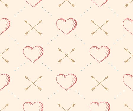 Seamless pattern with heart and arrow in vintage style engraving on a beige background for Valentine\'s Day.のイラスト素材