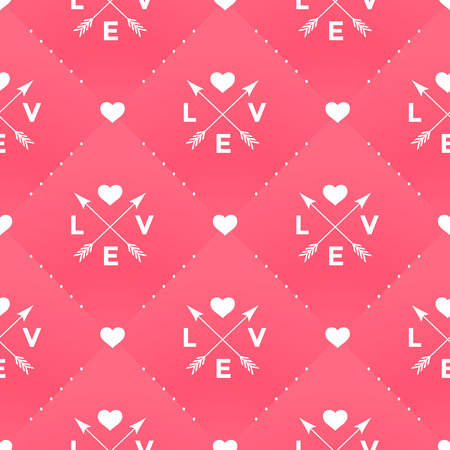 Seamless white pattern with Love, heart and arrow in vintage style on a red background for Valentine's Day. Vector illustrationのイラスト素材
