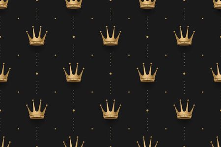 Seamless gold pattern with king crowns on a dark black background. Vector illustrationのイラスト素材