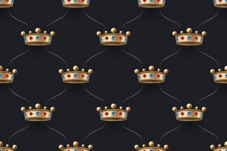 Seamless gold pattern with king crown with diamond on a dark black background. Illustrationのイラスト素材