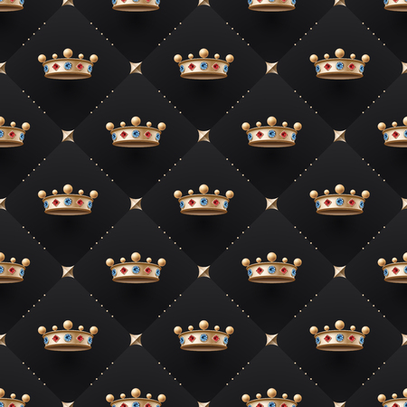 Seamless gold pattern with king crown with diamond on a dark black background. Vector Illustrationのイラスト素材