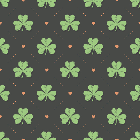 Seamless irish green pattern with clover and heart on a dark gray background. Pattern for St. Patrick Day. Vector Illustrationのイラスト素材