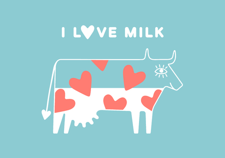 Happy cow with udder and red heart full of milk. Poster - I love milk. Vector illustrationのイラスト素材
