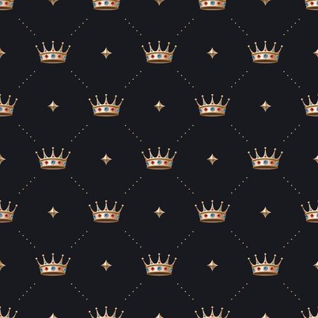 Seamless gold pattern with king crown with diamond on a dark black background. Vector Illustrationのイラスト素材
