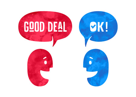 Two people with different shapes cloud talk for discount themes. Word Ok and Good Deal in bubble. Watercolor in hand drawn paths. Vector Illustrationのイラスト素材