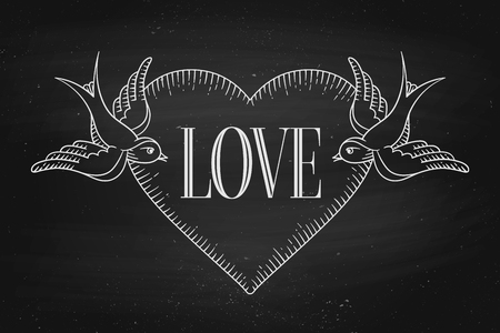 Set of old vintage ribbon banner with word Love, heart and tattoo bird in engraving style on a black chalkboard background and texture. Hand drawn design element. Vector illustrationのイラスト素材