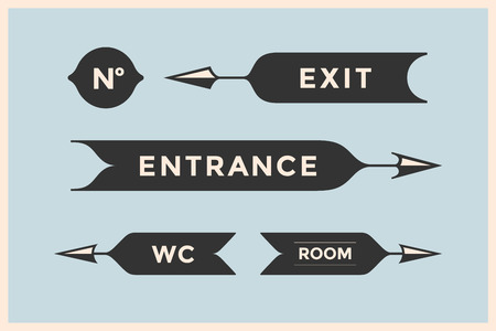 Set of vintage arrows and with inscription Entrance, Exit, Room and WC. Design elements in retro style for navigation sign on color background. Illustrationのイラスト素材