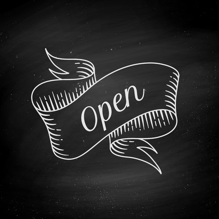 Old vintage ribbon banner with text Open in engraving style. Hand drawn design element.のイラスト素材