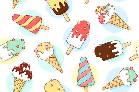 Colorful seamless pattern with ice cream different pastel color in line graphic.のイラスト素材