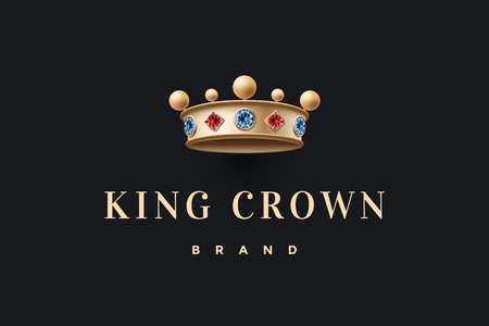 gold king crown and inscription King Crown Brand on a dark black background.  template for branding design. Business concept  and identity symbol. Vector Illustrationのイラスト素材