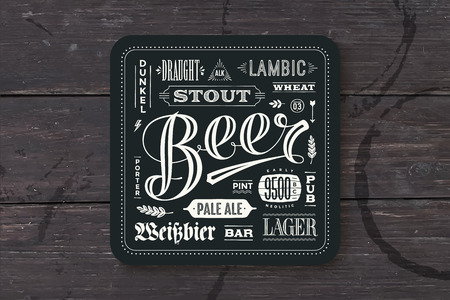 Coaster for beer with hand drawn lettering. Monochrome vintage drawing for bar, pub and beer themes. Black square for placing a beer mug or a beer bottle over it with lettering for beer theme. Vector Illustrationのイラスト素材
