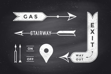Set of vintage arrows and banners with text Exit, Way Out, Gas, Stairway. Design elements of set arrow for navigation. Retro style arrow on black chalkboard background. Vector Illustrationのイラスト素材