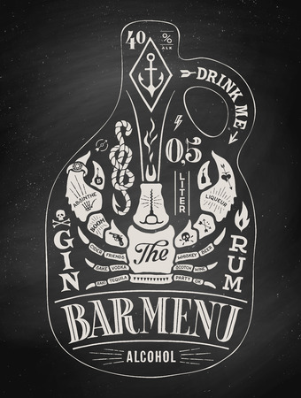 Poster bottle of alcohol with hand drawn lettering. Chalk vintage drawing for pub, bar menu, beer card, t-shirt print and alcohol themes. Bottle of bar menu with lettering. Vector Illustrationのイラスト素材