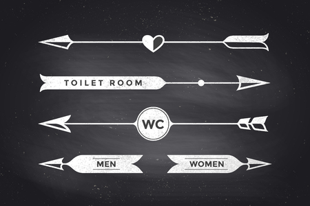 Set of vintage arrows and banners with text WC, Toilet room, Woman and Man. Design elements of set arrow for navigation. Retro style arrow on black chalkboard background. Vector Illustrationのイラスト素材