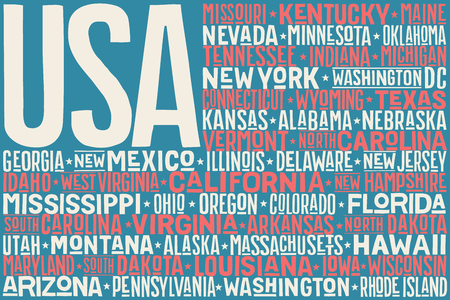 Poster of United States of America flag with states and capital cities. Print for t-shirt of USA flag with names states. Colorful vintage typographic hand-drawn. Vector Illustrationのイラスト素材