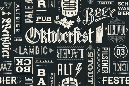 Seamless pattern with types of beer and hand drawn lettering for Oktoberfest Beer Festival. Vintage drawing for placemat, bar menu, t-shirt print and beer themes. Vector Illustrationのイラスト素材