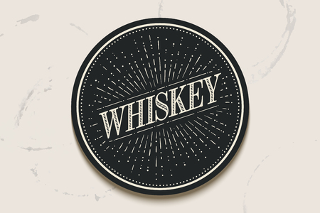 Beverage coaster for glass with inscription Whiskey and light rays, sunburst. Vintage drawing for bar, pub, whiskey themes. Circle for placing a whiskey drink glass or a bottle. Illustrationのイラスト素材