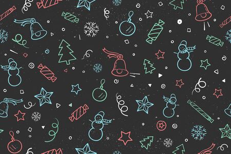 Seamless pattern for Christmas and Happy New Year theme. Classic elements on night chalkboard...