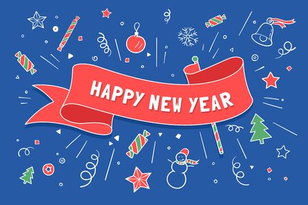 Greeting card with red ribbon in Christmas theme with inscription Happy New Year. Christmas and Happy New Year background. Illustrationのイラスト素材