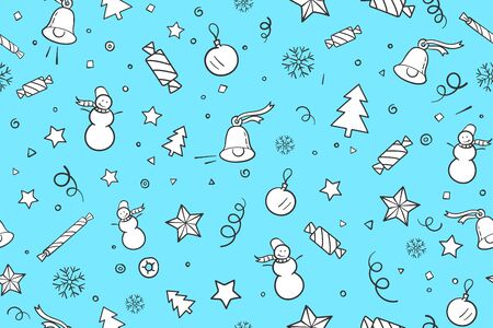 Seamless pattern for Christmas and Happy New Year theme. Classic  elements on light blue background. Pattern for packing, christmas paper, wallpaper, background. Illustrationのイラスト素材