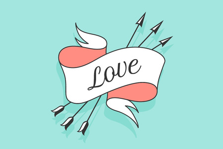 Old white vintage ribbon banner with arrows and text Love in blue background. Hand drawn design element. Design concept for greeting card, print t-shirt and Love themes. Vector Illustrationのイラスト素材