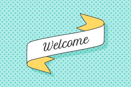 Ribbon banner with text Welcome. Retro hand drawn design element for banner, advertising, poster in pop art style on dot colorful background.のイラスト素材