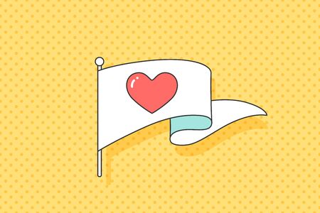 Vintage flag with red heart symbol. Retro hand drawn design element for banner, advertising, poster in pop art style on dot colorful background. Vector Illustrationのイラスト素材