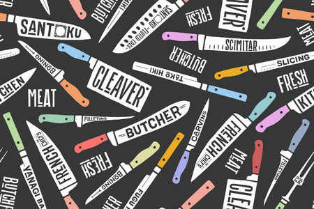 Seamless pattern and background of Meat and Fish cutting knives. Creative graphic pattern with hand drawn illustrations for butcher shop, farmer market. Vintage typographic. Vector illustrationのイラスト素材