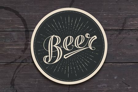 Coaster for beer with hand drawn lettering Beer. Monochrome vintage drawing for bar, pub and beer themes. Black circle for placing a beer mug or a bottle over it with lettering. Vector Illustrationのイラスト素材