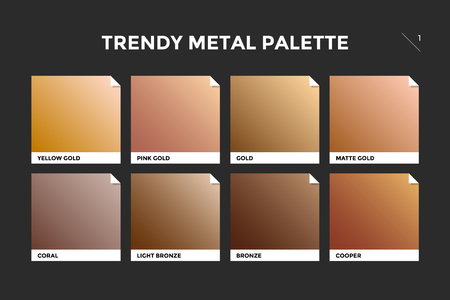 Gold, copper and bronze gradient template. Collection palette of colorful metallic gradient illustrations for backgrounds and textures. Realistic metallic squares palettes. Vector Illustrationのイラスト素材
