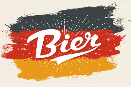 Hand drawn lettering Bier on Germany flag background. Colorful vintage drawing for bar, pub and trendy beer themes. Print for poster, menu, sticker, t-shirt. Phrase Bier in German. Vector Illustrationのイラスト素材