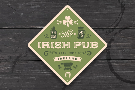 Coaster for Irish Pub. Vintage drawing for bar, pub, beer and whiskey themes. Green square or rhombus for placing a beer mug or whiskey glass over it with lettering and drawings. Vector Illustrationのイラスト素材