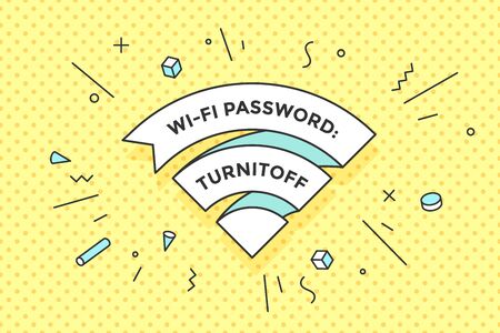 Vintage ribbon Wi-Fi sign for free wi-fi in cafe or restaurant, menu and design. Icon Wi-Fi in line style on colorful memphis style pattern. Design element for internet theme. Vector Illustrationのイラスト素材