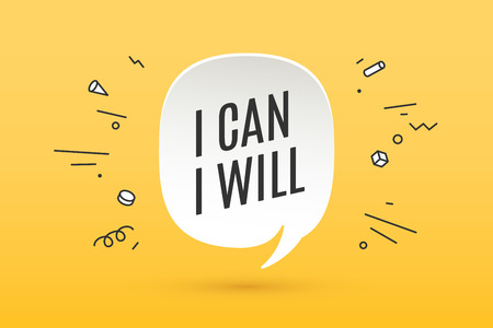 White paper bubble cloud with text I Can I Will for emotion, motivation, positive design. Poster with cloud talk, shadow and motivation message. Inspiration colorful concept. Vector Illustrationのイラスト素材