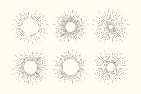 Set of light rays, sunburst and rays of sun. Design elements, linear drawing, vintage hipster style. Light rays sunburst for retro logo, emblem. Vector Illustrationのイラスト素材