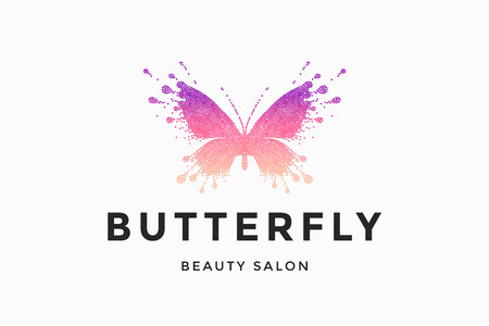 Label of beauty salon with colorful red-pink butterfly and text Butterfly. Emblem template for branding, design elements. Sign, label, identity, badge for business brand. Vector Illustrationのイラスト素材