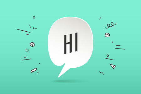 Icon of white paper cloud talk with text Hi or Hello for communication, greetings, fun. Poster with bubble, text message, explosion graphic elements and shadow on color background. Vector Illustrationのイラスト素材