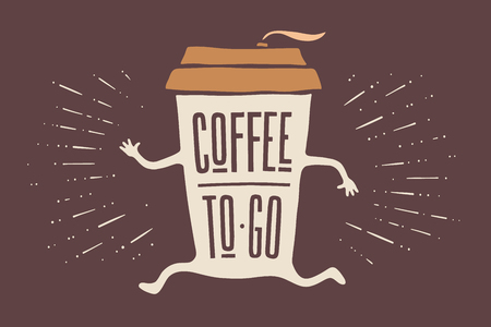 Poster take out coffee cup with hand drawn lettering Coffee To Go for cafe and coffee take away. Colorful vintage drawing for drink and beverage menu or cafe theme. Vector Illustrationのイラスト素材