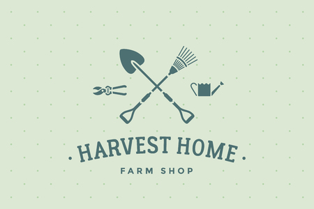 Logo of eco farm shop with symbol of gardening and organic icons, text Harvest Home. Logo template for eco business - farm shop, eco market or design - label, banner, sticker. Vector Illustrationのイラスト素材