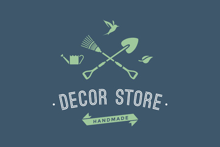 Emblem of hand made eco shop with symbol of gardening and organic icons.のイラスト素材