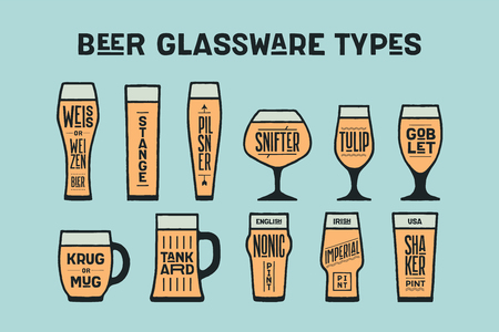 Beer glassware types. Poster or banner with different types of glass and mug for beer. Colorful graphic design for print, advertising. Poster for bar, pub, restaurant, beer theme. Vector Illustrationのイラスト素材