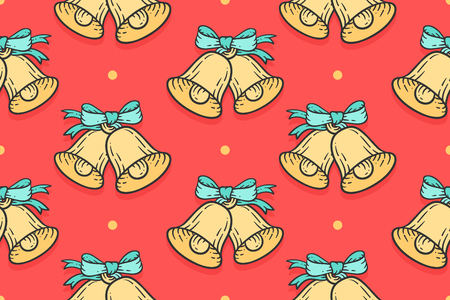 Seamless pattern for Merry Christmas, Happy New Year. Xmas pattern with sign golden jingle bells with bows in vintage engraving retro style. Christmas wrapping paper, background. Vector Illustrationのイラスト素材