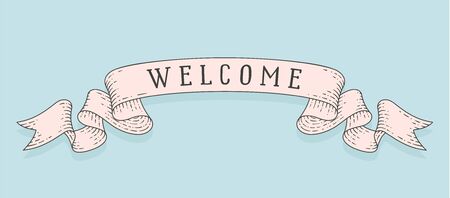 Old school ribbon banner and flag with text Welcome. Ribbon flag in vintage engraving style with linear drawing for classic retro design. Hand drawn design element. Vector Illustrationのイラスト素材